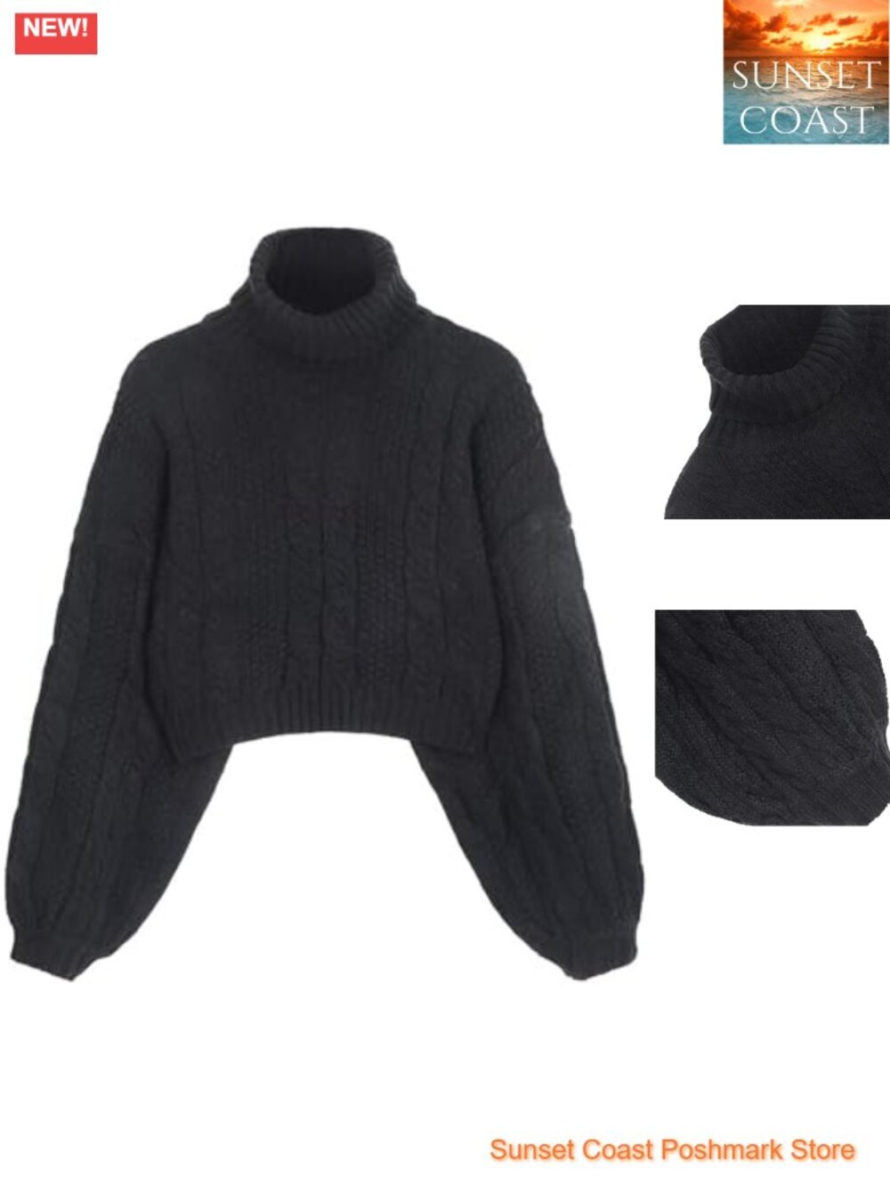 Cropped Turtleneck Ribbed Knit Pullover Sweater Lantern Sleeve